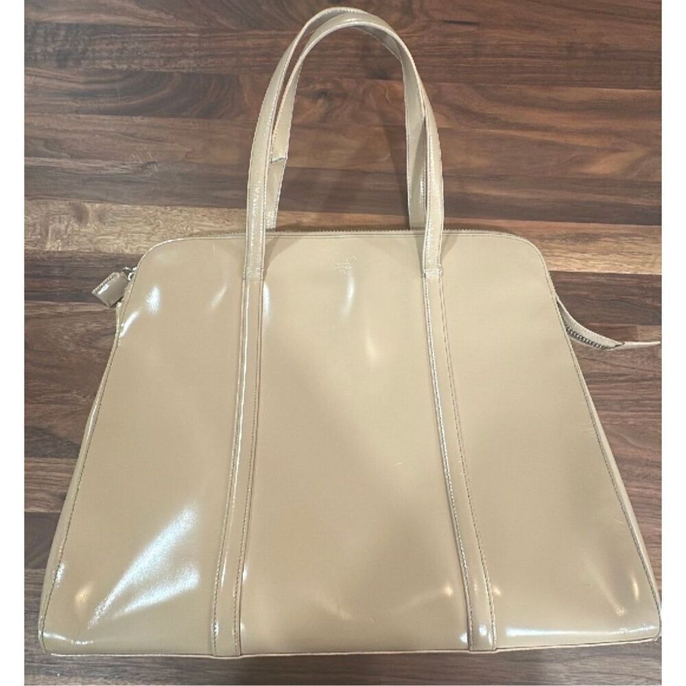 Prada Zip Tope Tote Bag Large Beige Glossy Leather Luxury Summer Coastal Italian